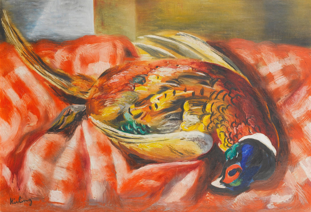 Pintura a óleo de um faisão de caça morto, com plumagem colorida em tons de vermelho, laranja, amarelo e verde, repousando sobre um tecido xadrez vermelho e branco, assinado 'Kisling'.