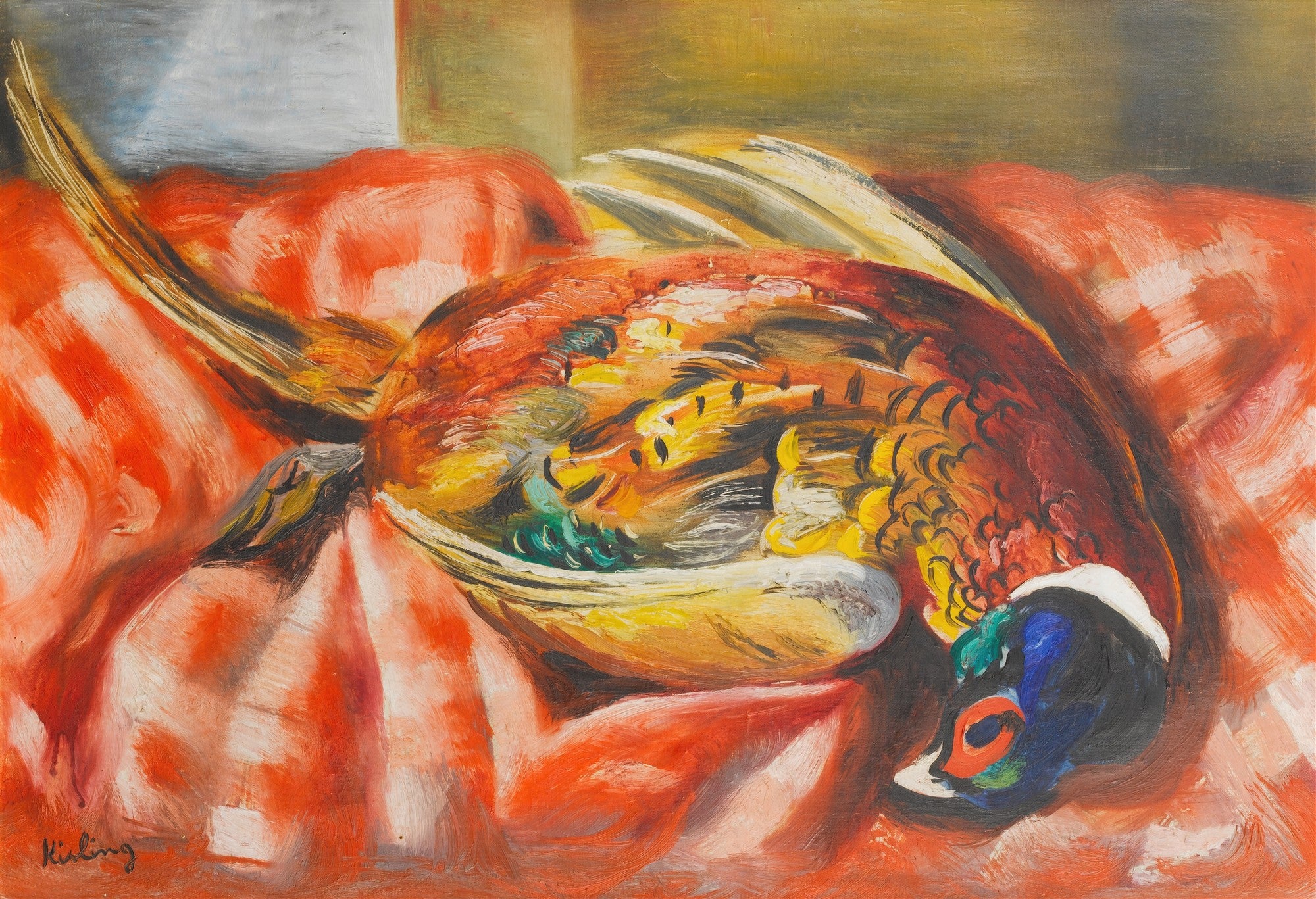 Pintura a óleo de um faisão de caça morto, com plumagem colorida em tons de vermelho, laranja, amarelo e verde, repousando sobre um tecido xadrez vermelho e branco, assinado 'Kisling'.