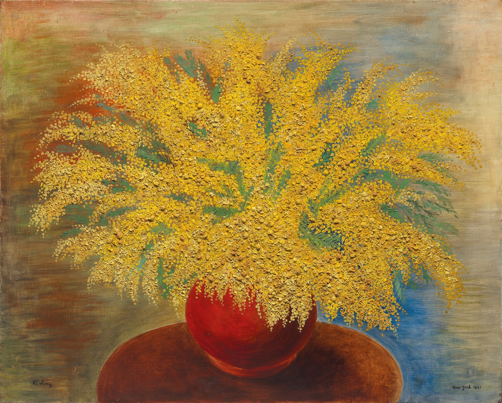 Quadro decorativo 'Mimosas' de Moïse Kisling, exibindo um vaso vermelho com um exuberante arranjo de flores amarelas e folhagens verdes sobre uma mesa marrom, com fundo gradiente em tons de azul e marrom.
