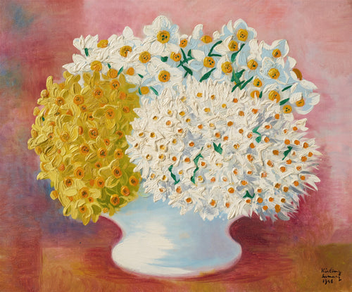 Quadro decorativo 'Vaso de Flores' de Moïse Kisling, apresentando um buquê exuberante de flores brancas e amarelas em um vaso branco, com fundo rosa.