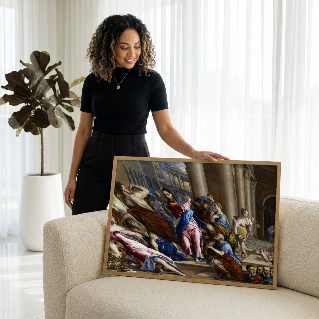 Quadro Decorativo A Purificação do Templo - El Greco com modelo em ambiente