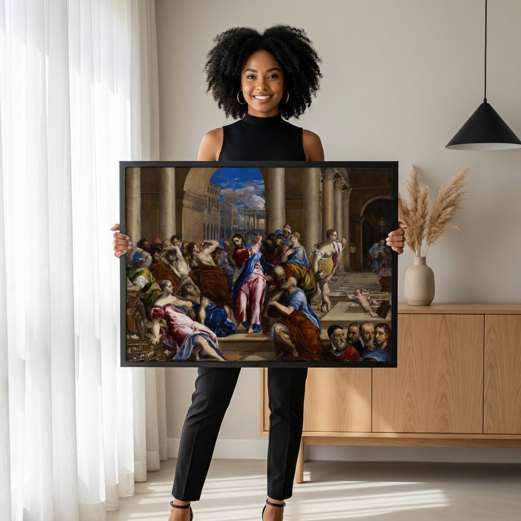 Quadro Decorativo A Purificação do Templo - El Greco com modelo em ambiente