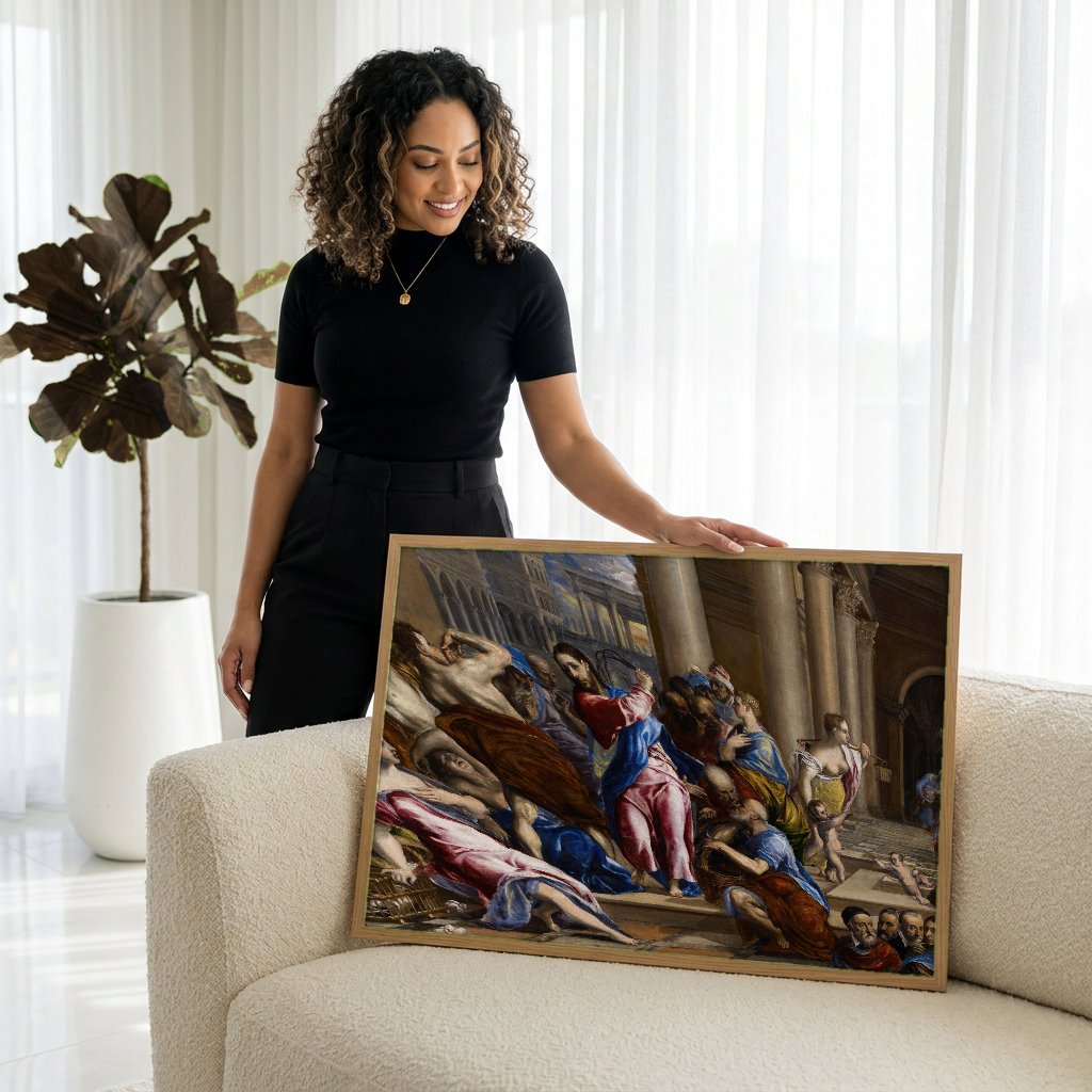Quadro Decorativo A Purificação do Templo - El Greco com modelo em ambiente