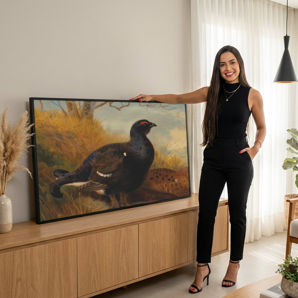 Quadro Decorativo Aves de Caça no Campo - Thorburn com modelo em ambiente