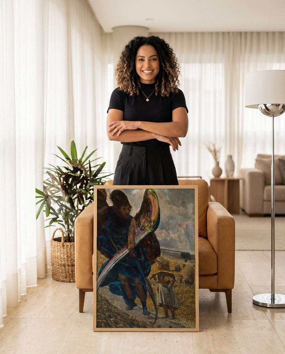 Quadro Decorativo Anjo e Menino no Campo - Jacek Malczewski com modelo em ambiente
