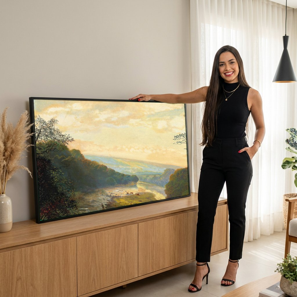 Quadro Decorativo Rio na Floresta - Grimshaw com modelo em ambiente