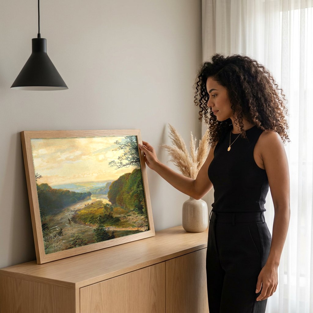 Quadro Decorativo Rio na Floresta - Grimshaw com modelo em ambiente