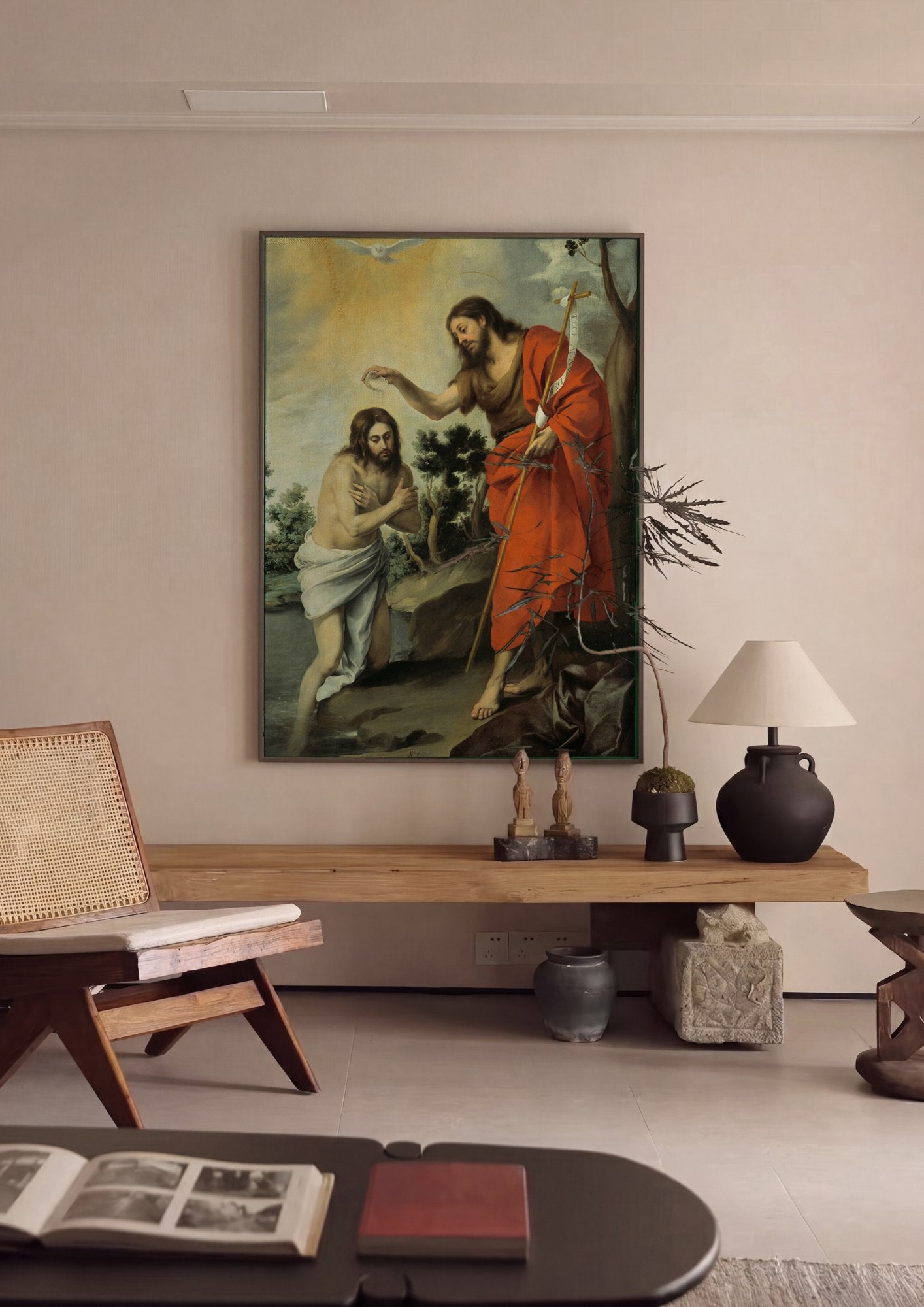 Quadro Decorativo O Batismo de Cristo - Murillo em ambiente decorado