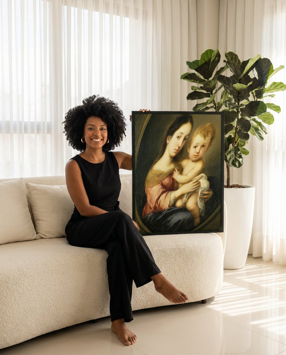 Quadro Decorativo A Virgem e o Menino - Murillo com modelo em ambiente