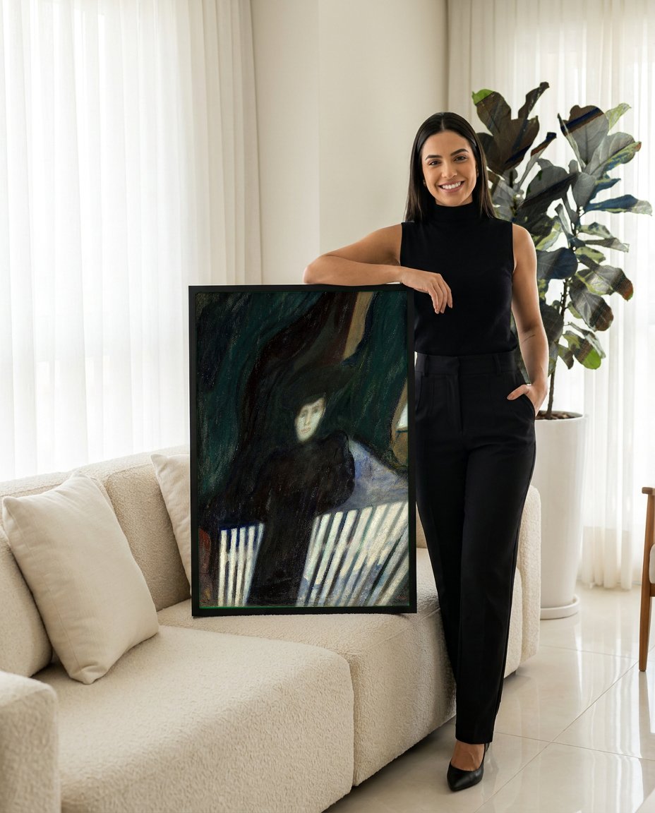 Quadro Decorativo A Dama Negra - Edvard Munch com modelo em ambiente