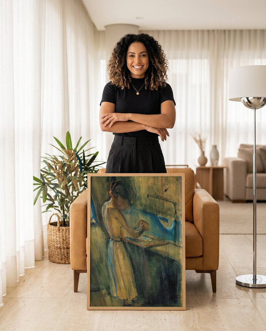 Quadro Decorativo A Lavadeira - Edvard Munch com modelo em ambiente
