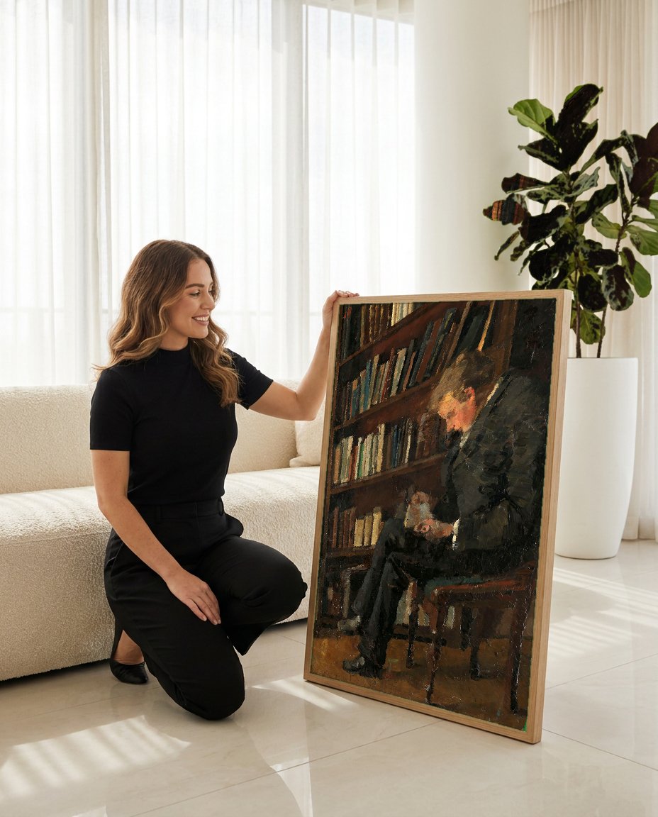 Quadro Decorativo Homem Lendo - Edvard Munch com modelo em ambiente