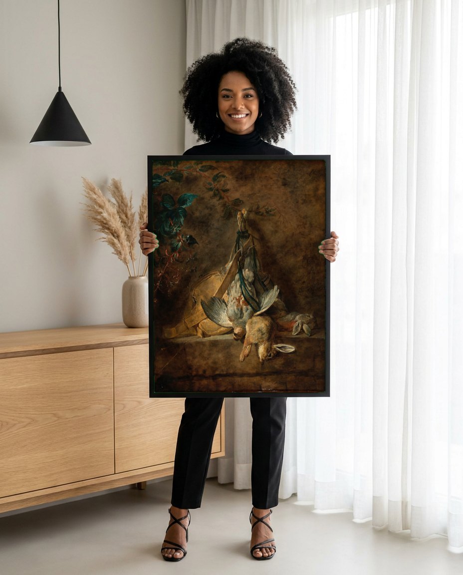 Quadro Decorativo A Lebre e o Pato - Jean Siméon Chardin | modelo apresentando o quadro emoldurado