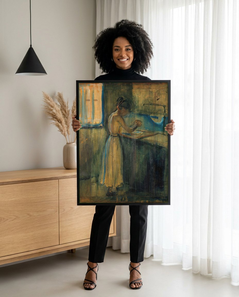 Quadro Decorativo A Lavadeira - Edvard Munch | modelo apresentando o quadro emoldurado