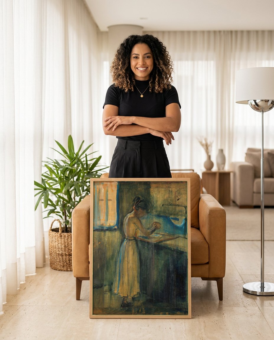 Quadro Decorativo A Lavadeira - Edvard Munch | modelo apresentando o quadro emoldurado