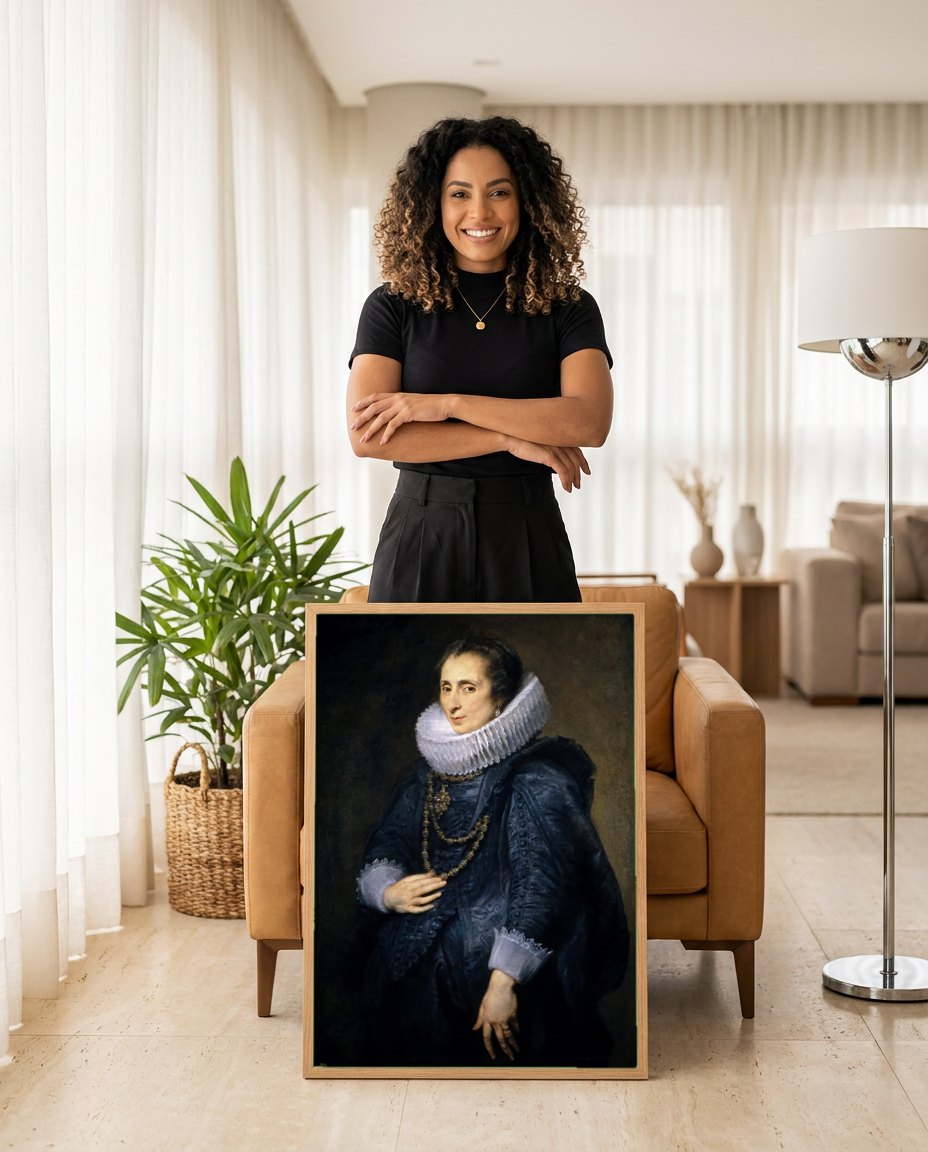 Quadro Decorativo Retrato de Mulher - Van Dyck | modelo apresentando o quadro emoldurado