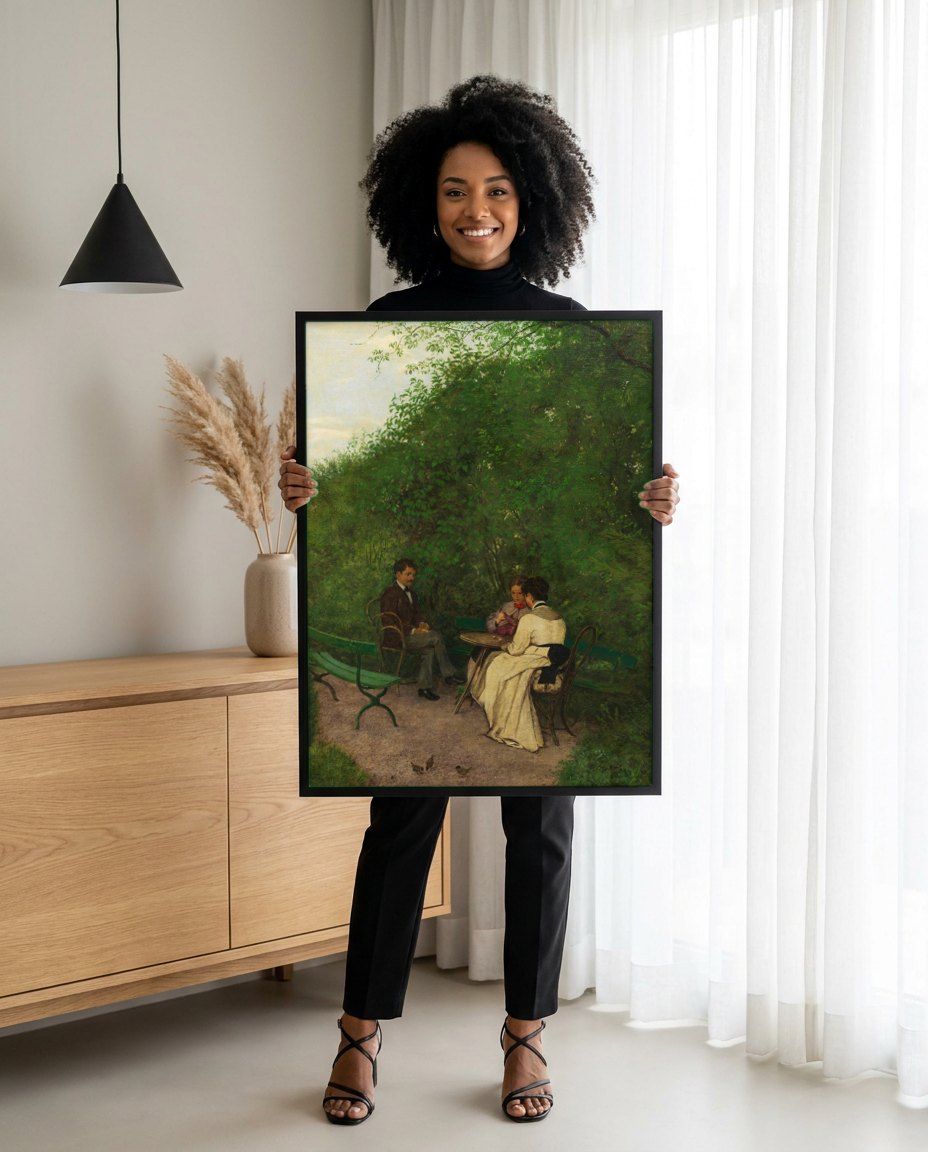 Quadro Decorativo Encontro no Jardim - Hans Thoma | modelo apresentando o quadro emoldurado