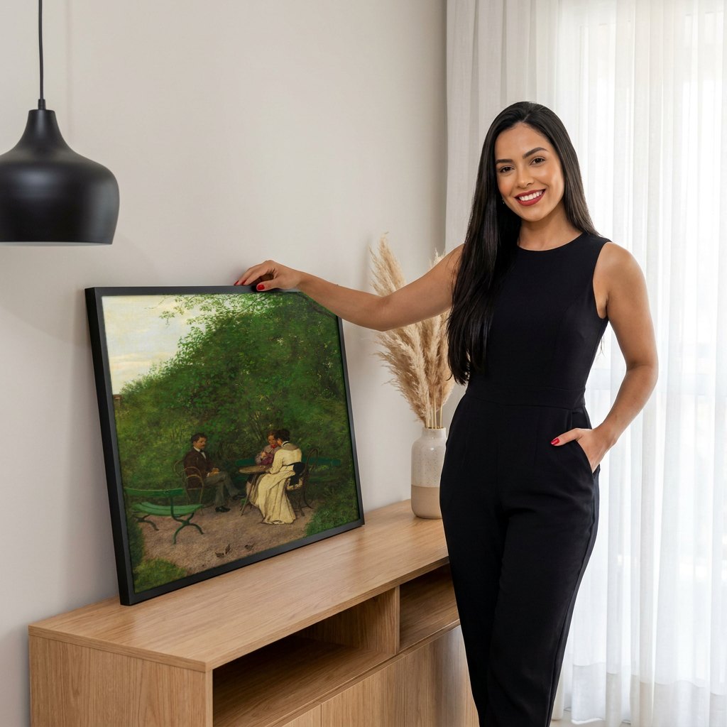 Quadro Decorativo Encontro no Jardim - Hans Thoma | modelo apresentando o quadro emoldurado