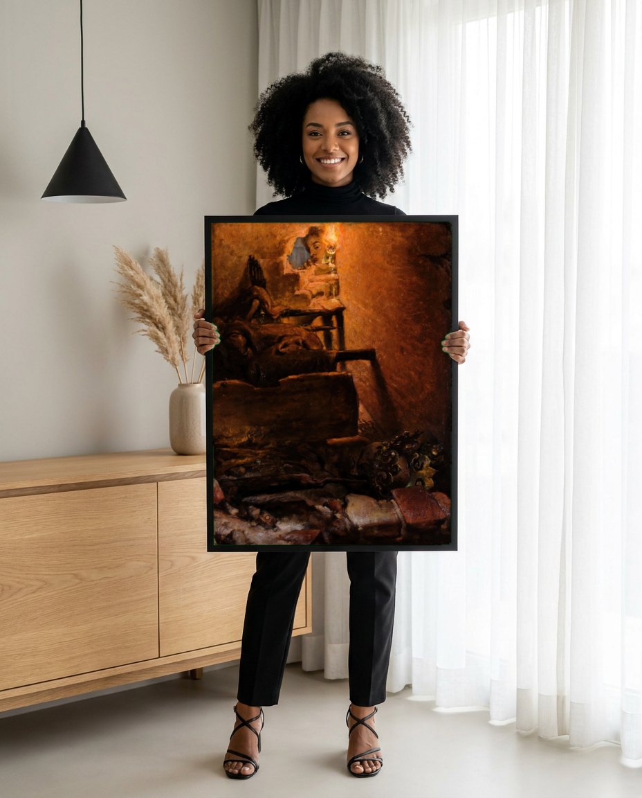Quadro Decorativo A Menina na Janela - Jan Matejko | modelo apresentando o quadro emoldurado
