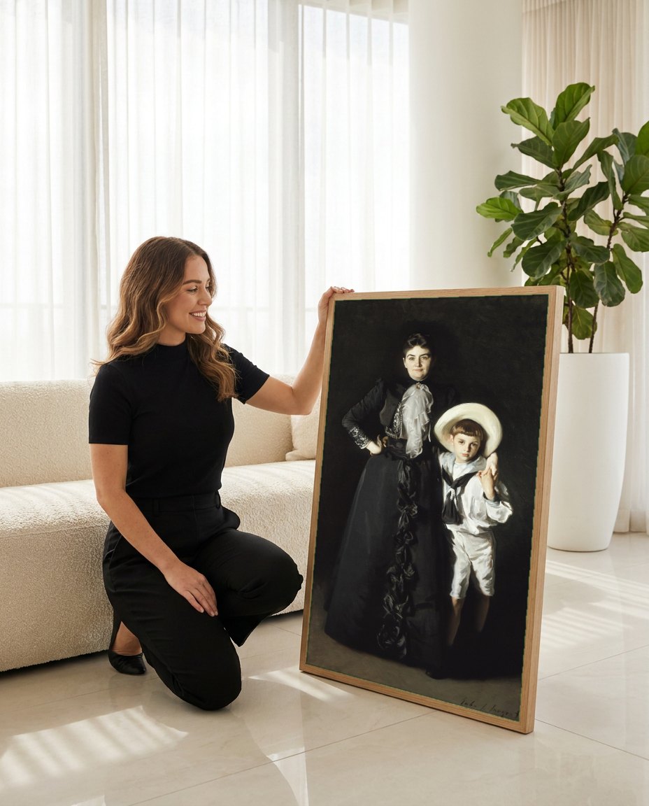 Quadro Decorativo Senhora e Menino - John Singer Sargent | modelo apresentando o quadro emoldurado
