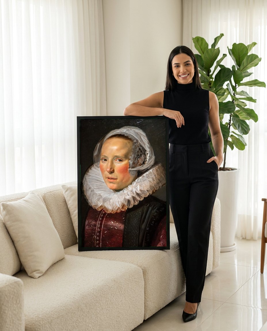 Quadro Decorativo Retrato de Mulher - Frans Hals | modelo apresentando o quadro emoldurado