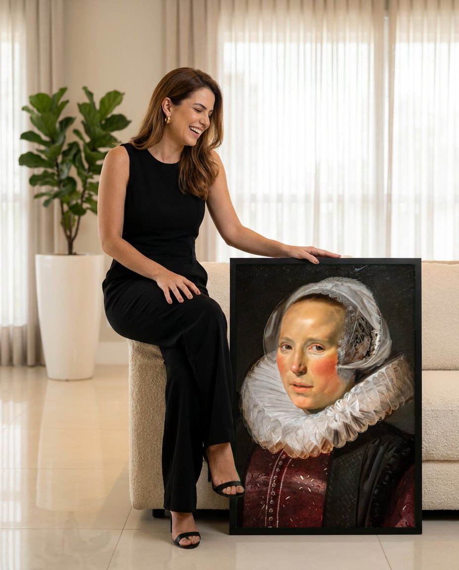 Quadro Decorativo Retrato de Mulher - Frans Hals | modelo apresentando o quadro emoldurado