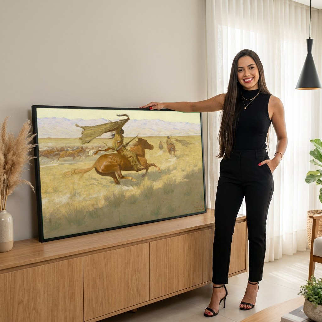 Quadro Decorativo A Carga – Frederic Remington | modelo apresentando o quadro emoldurado