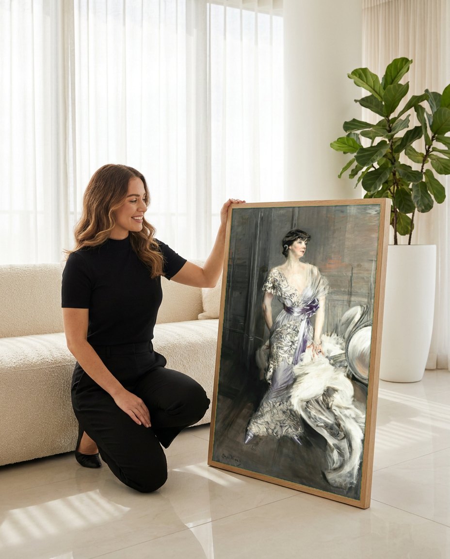 Quadro Decorativo Retrato de Dama Elegante - Boldini | modelo apresentando o quadro emoldurado