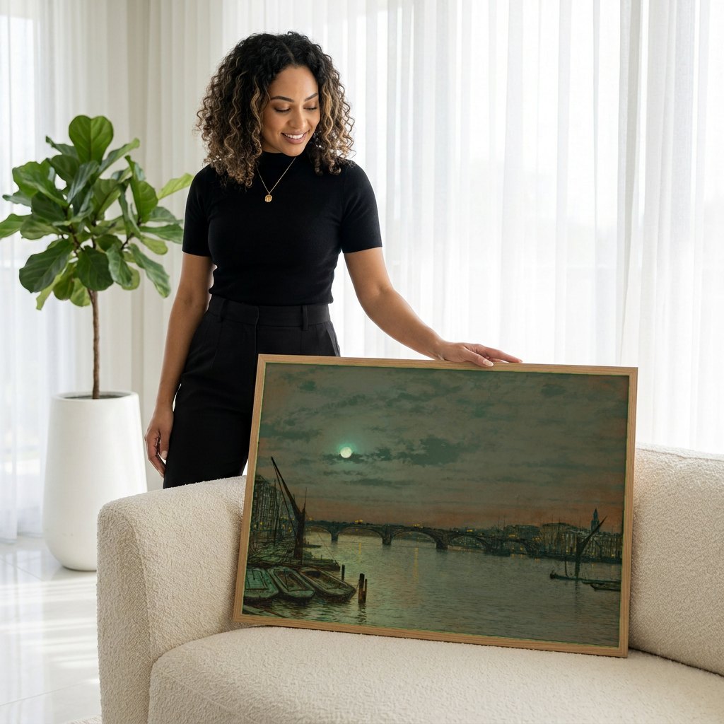 Quadro Decorativo 'Blackman Street, London' - Grimshaw | modelo apresentando o quadro emoldurado