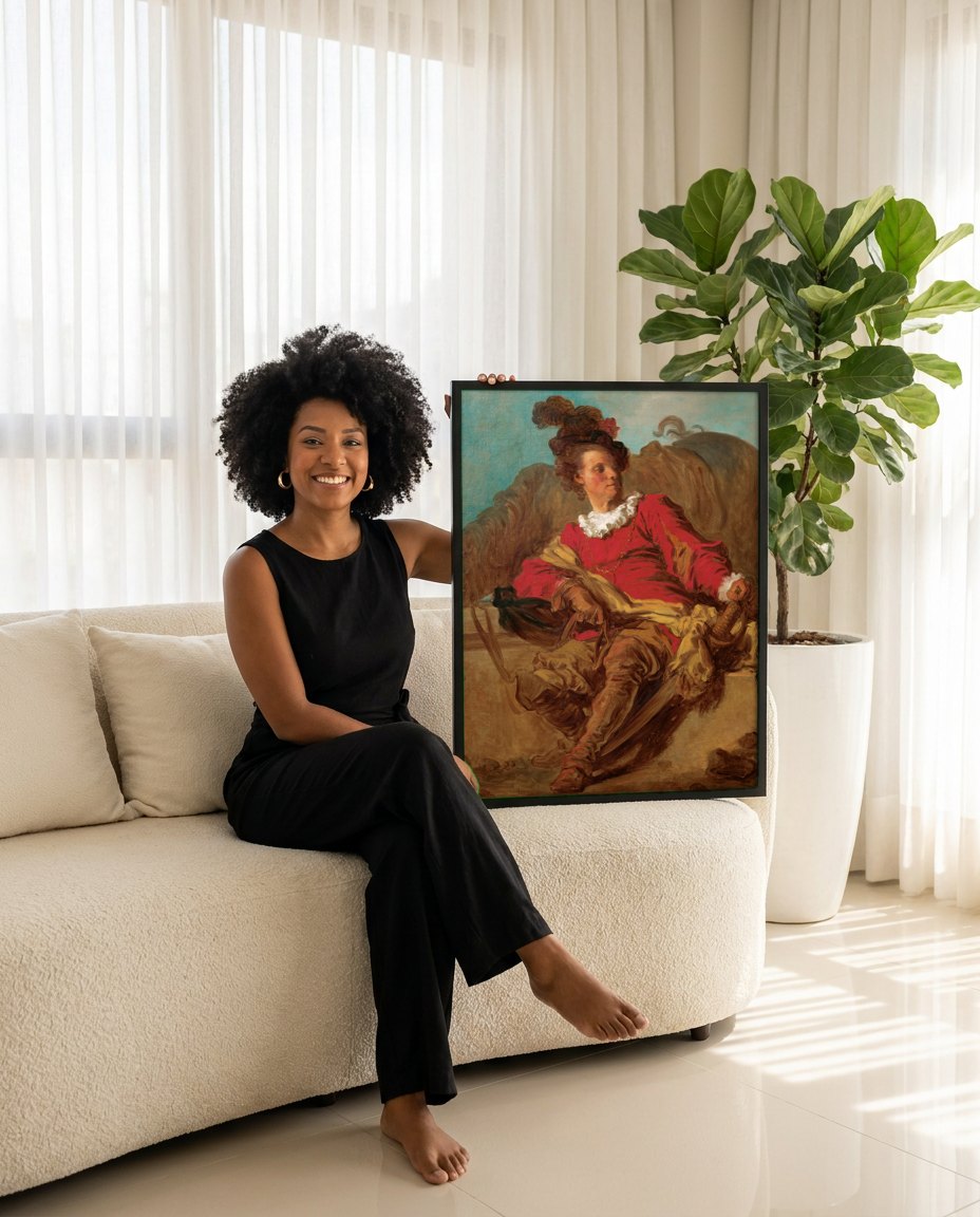 Quadro Decorativo O Retrato de Saint-Non - Fragonard | modelo apresentando o quadro emoldurado