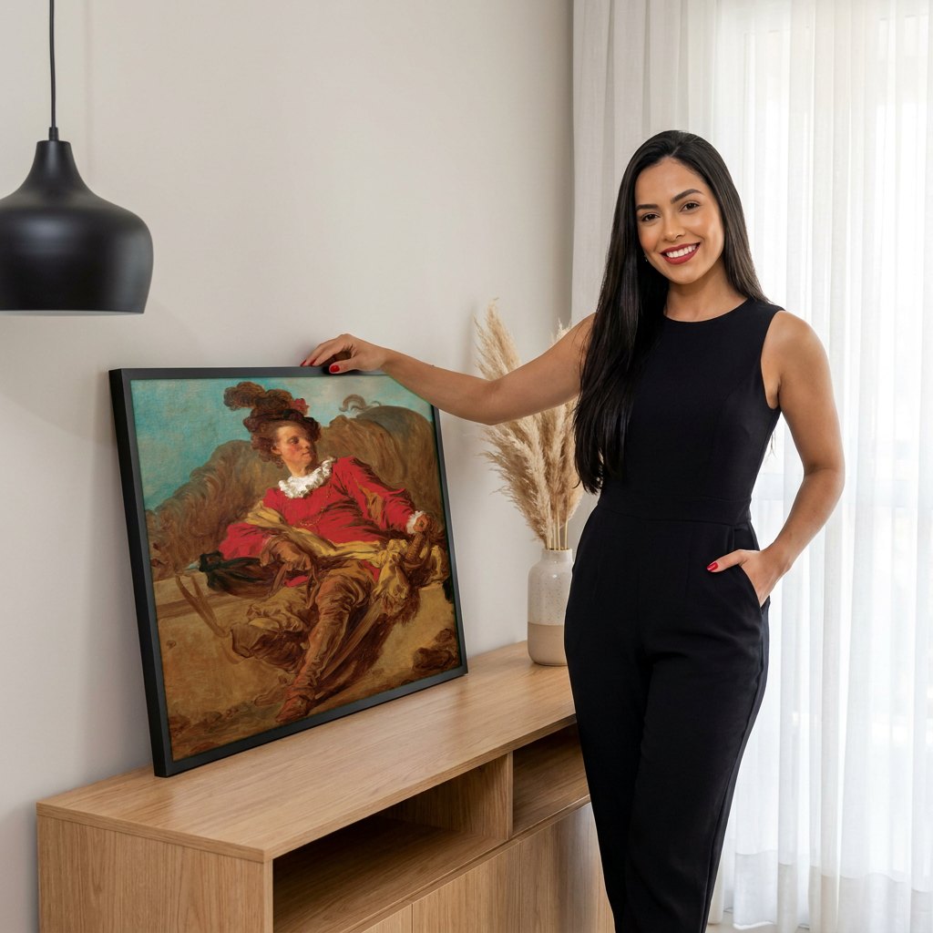 Quadro Decorativo O Retrato de Saint-Non - Fragonard | modelo apresentando o quadro emoldurado