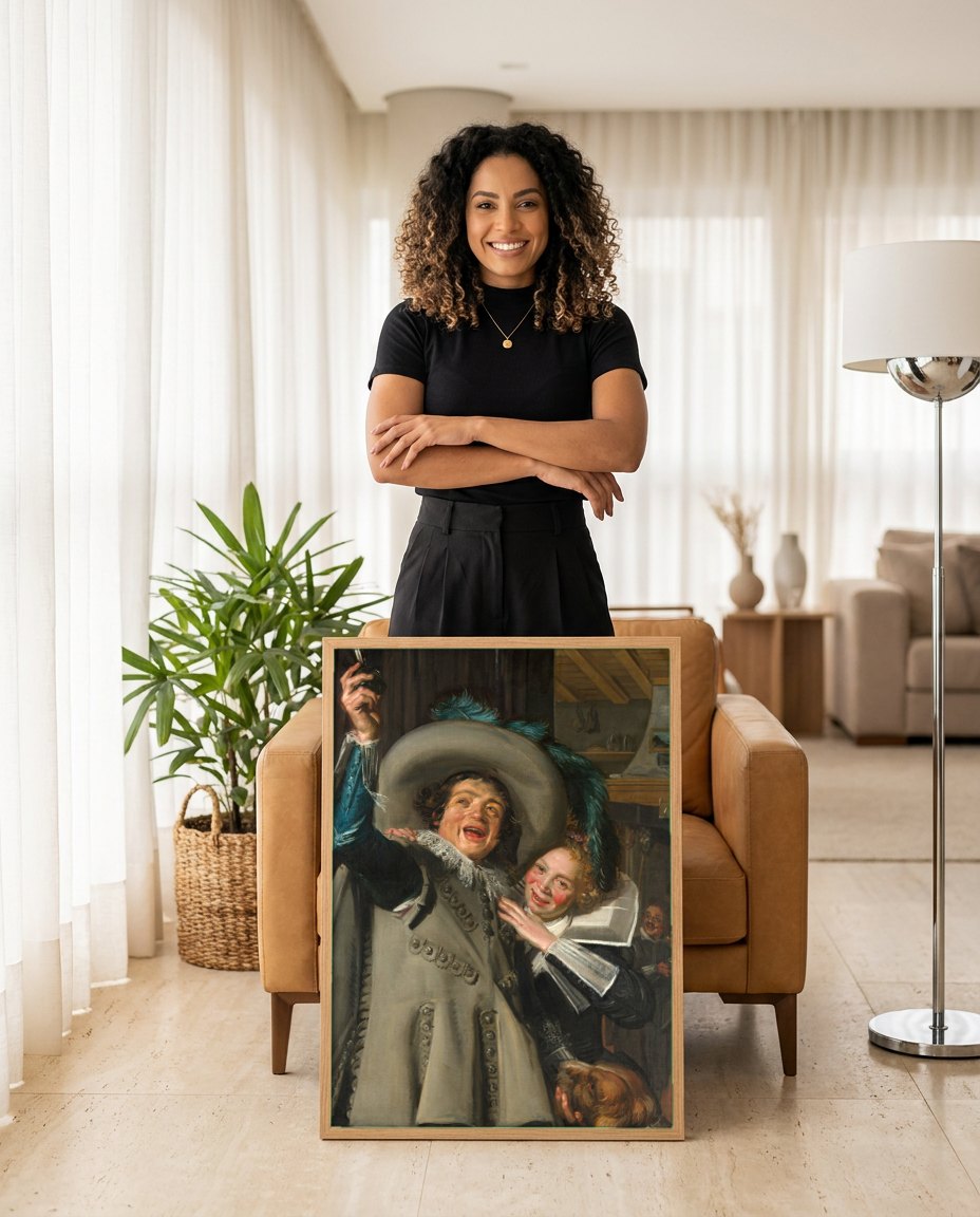 Quadro Decorativo 'Joyeux Compagnons' - Frans Hals | modelo apresentando o quadro emoldurado