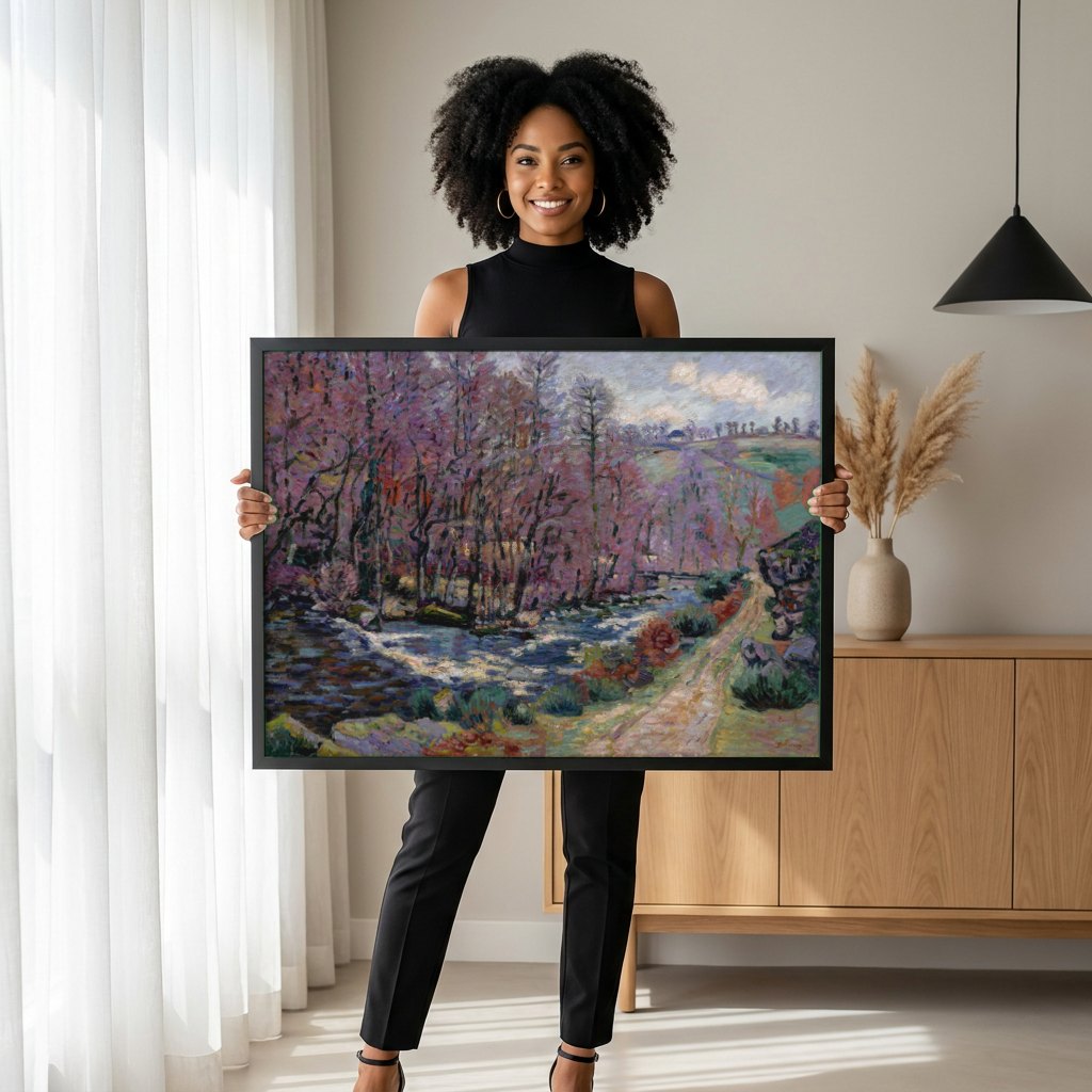 Quadro Decorativo Paisagem com Rio - Armand Guillaumin | modelo apresentando o quadro emoldurado