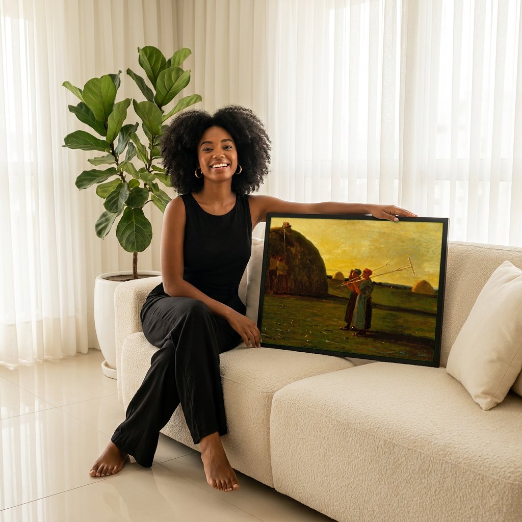 Quadro Decorativo A Colheita de Feno - Winslow Homer | modelo apresentando o quadro emoldurado