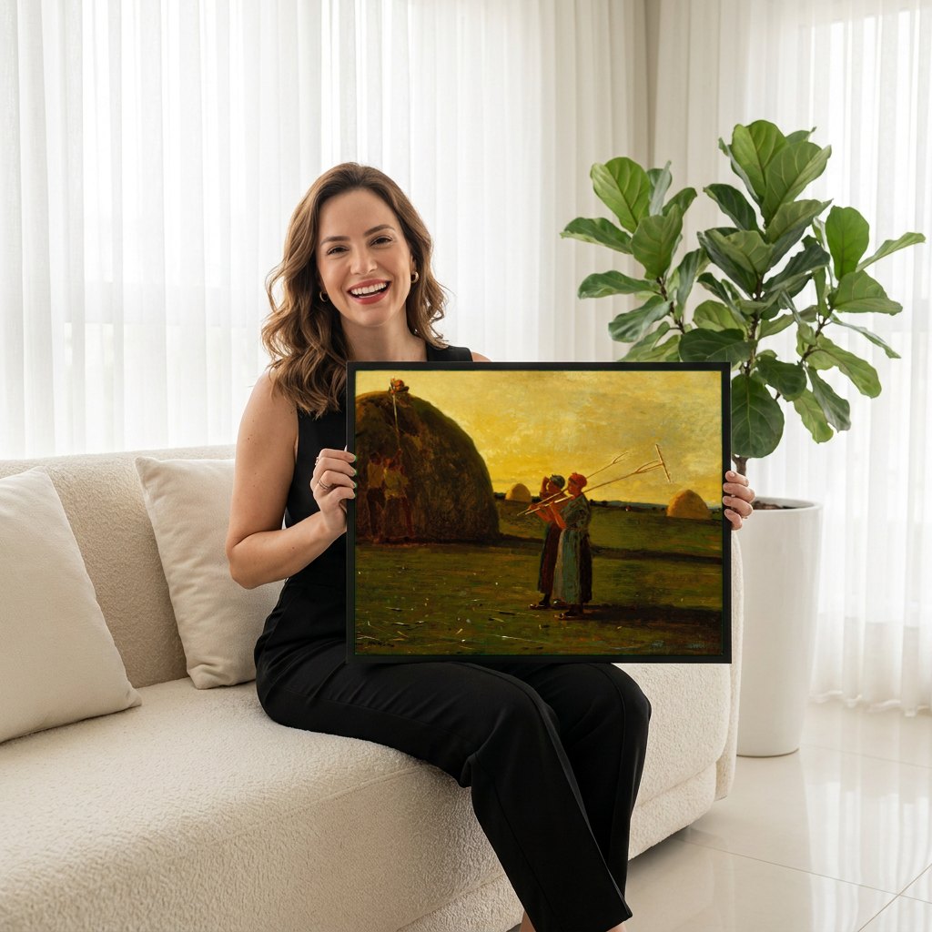 Quadro Decorativo A Colheita de Feno - Winslow Homer | modelo apresentando o quadro emoldurado
