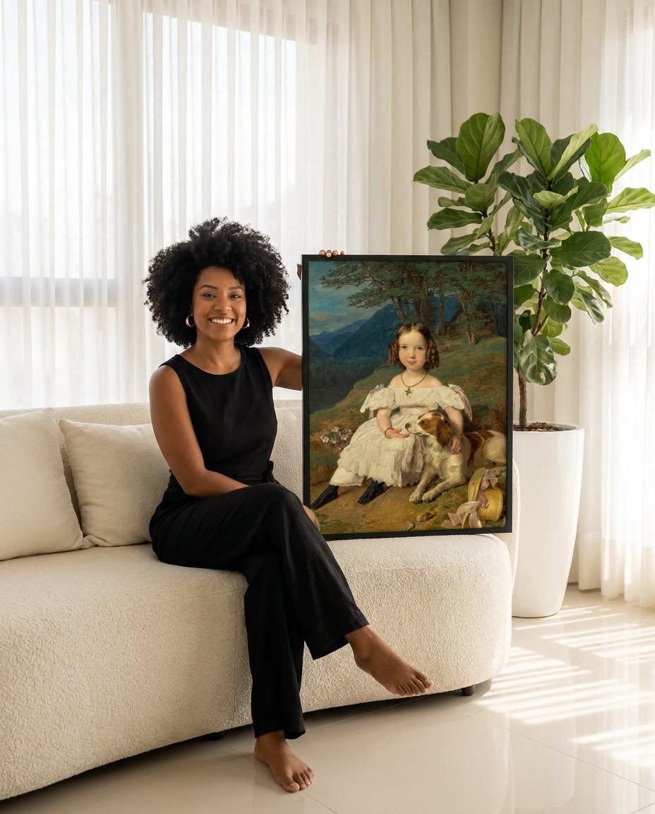 Quadro Decorativo Criança e Cão - Ferdinand Georg Waldmüller | modelo apresentando o quadro emoldurado