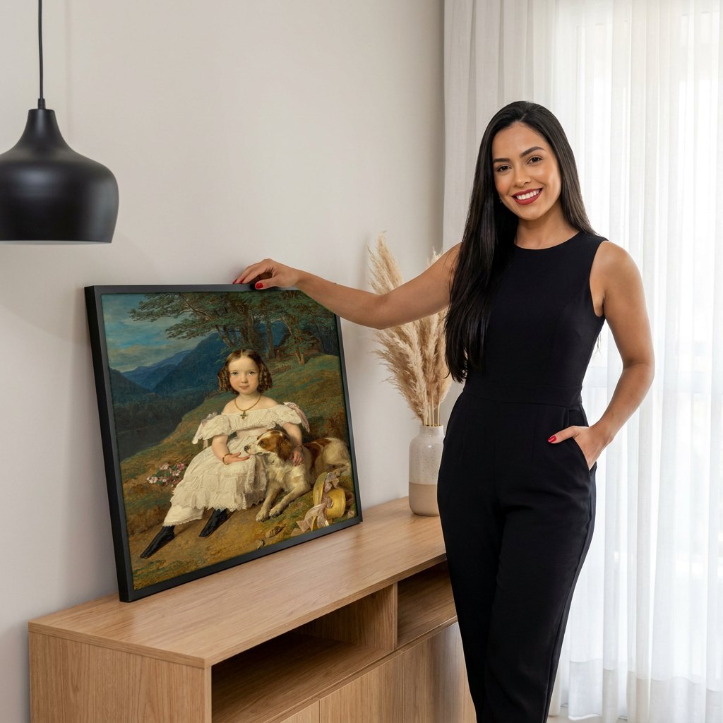 Quadro Decorativo Criança e Cão - Ferdinand Georg Waldmüller | modelo apresentando o quadro emoldurado