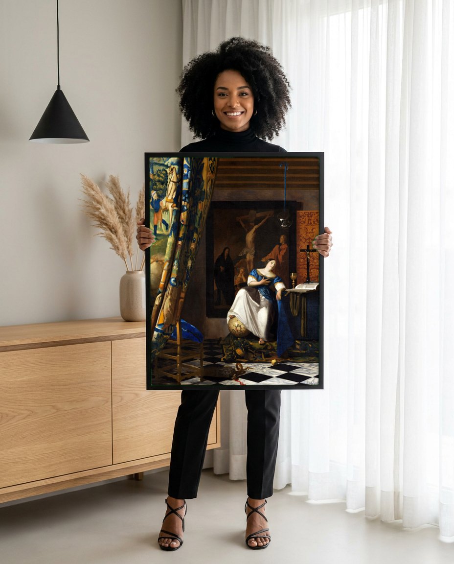 Quadro Decorativo A Alegoria da Fé - Johannes Vermeer | modelo apresentando o quadro emoldurado