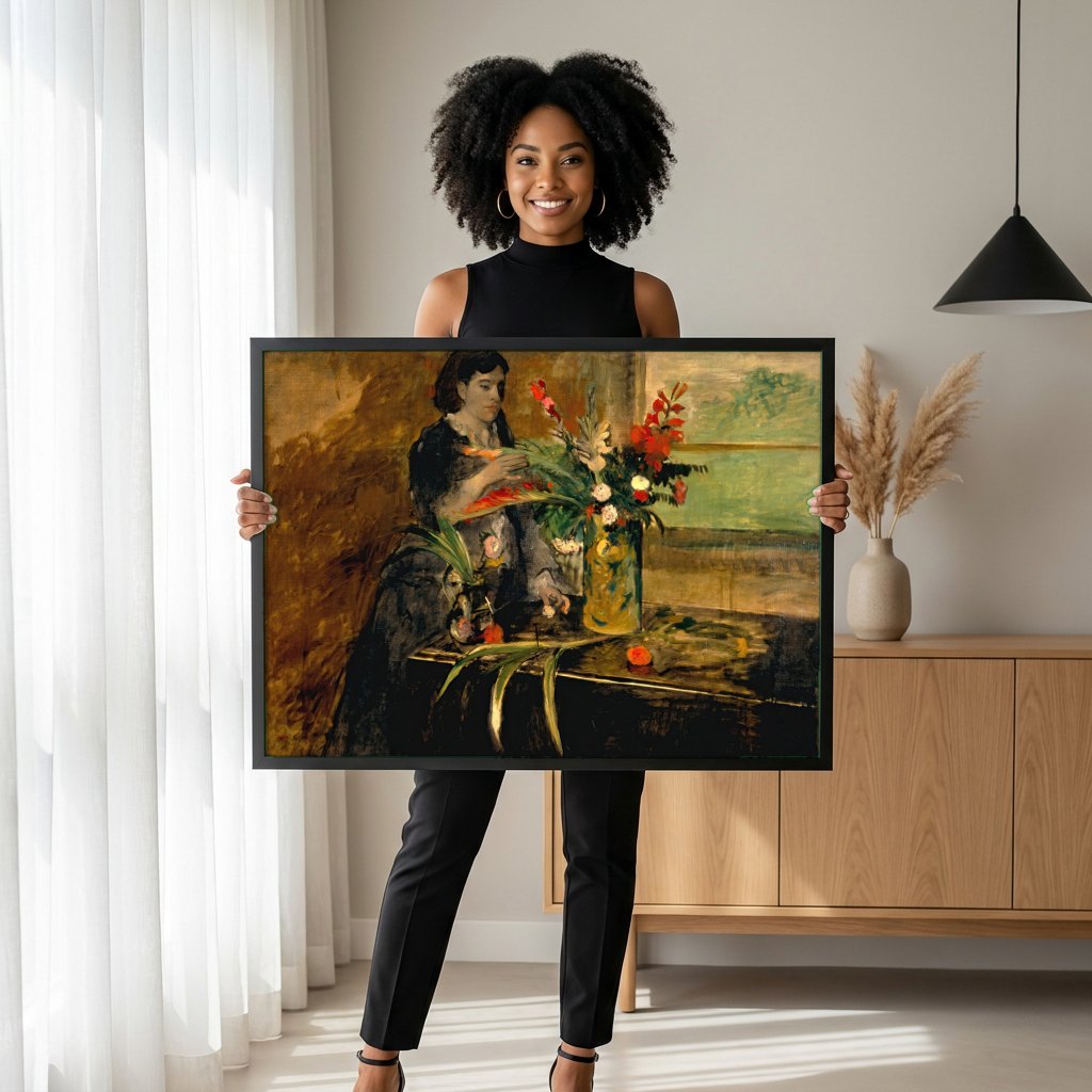 Quadro Decorativo A Mulher com os Crisântemos - Edgar Degas | modelo apresentando o quadro emoldurado
