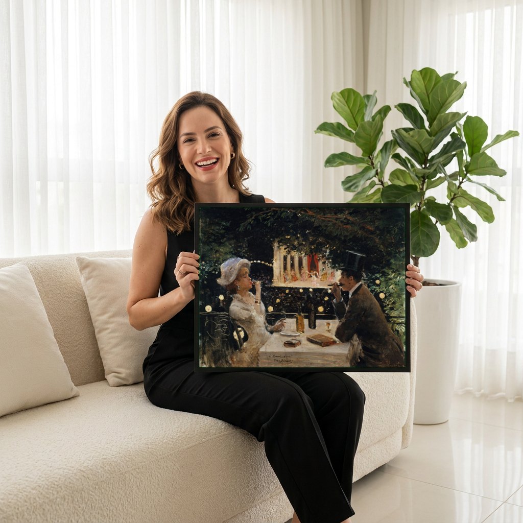 Quadro Decorativo 'A Noite no Jardim' - Jean Béraud | modelo apresentando o quadro emoldurado