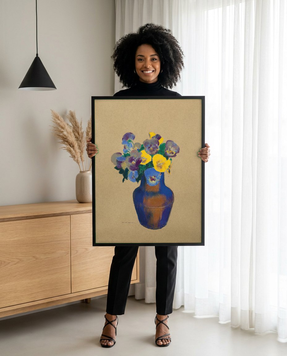 Quadro Decorativo Cesto de Flores — Odilon Redon | modelo apresentando o quadro emoldurado