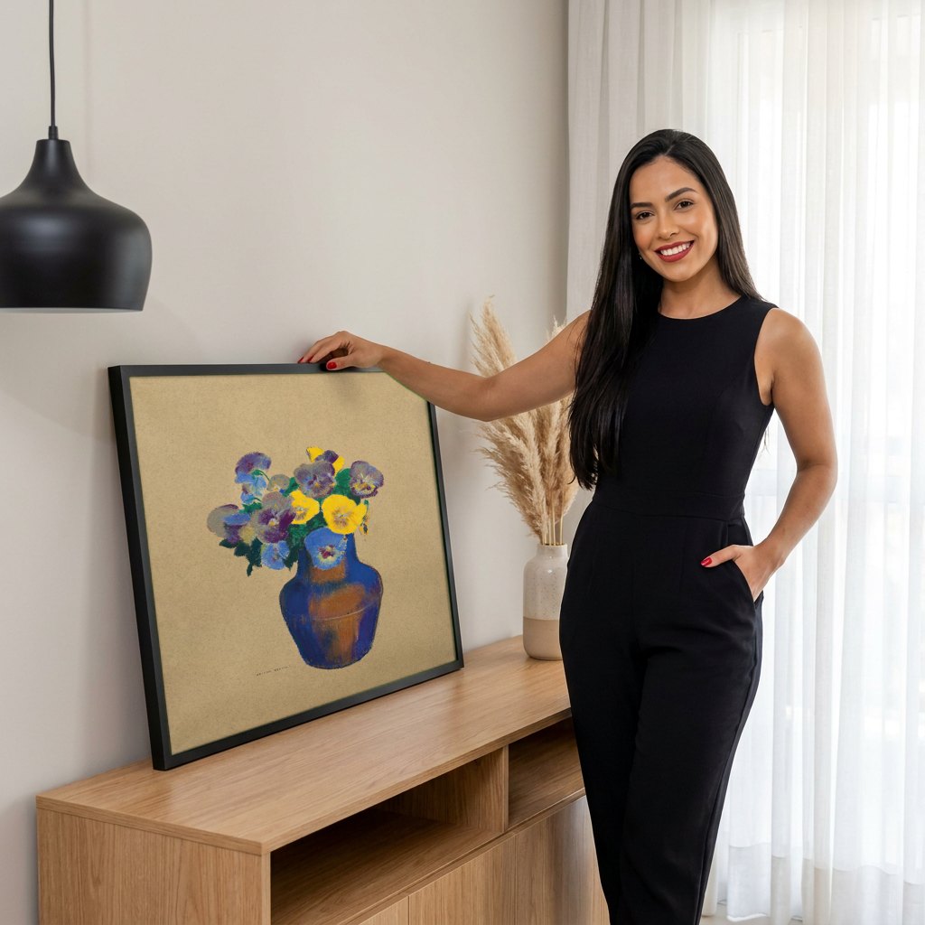 Quadro Decorativo Cesto de Flores — Odilon Redon | modelo apresentando o quadro emoldurado