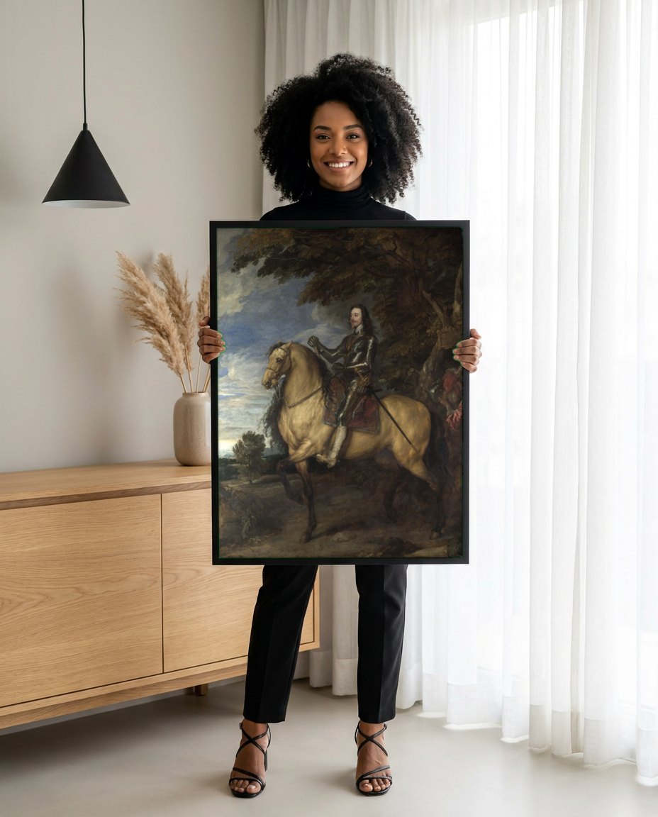 Quadro Decorativo Carlos I a Cavalo - Van Dyck | modelo apresentando o quadro emoldurado