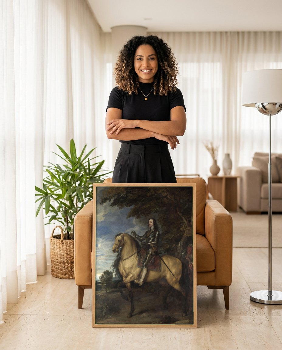Quadro Decorativo Carlos I a Cavalo - Van Dyck | modelo apresentando o quadro emoldurado