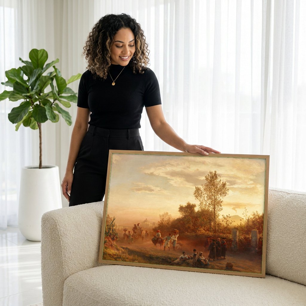 Quadro Decorativo Cena Campestre Italiana - Achenbach | modelo apresentando o quadro emoldurado