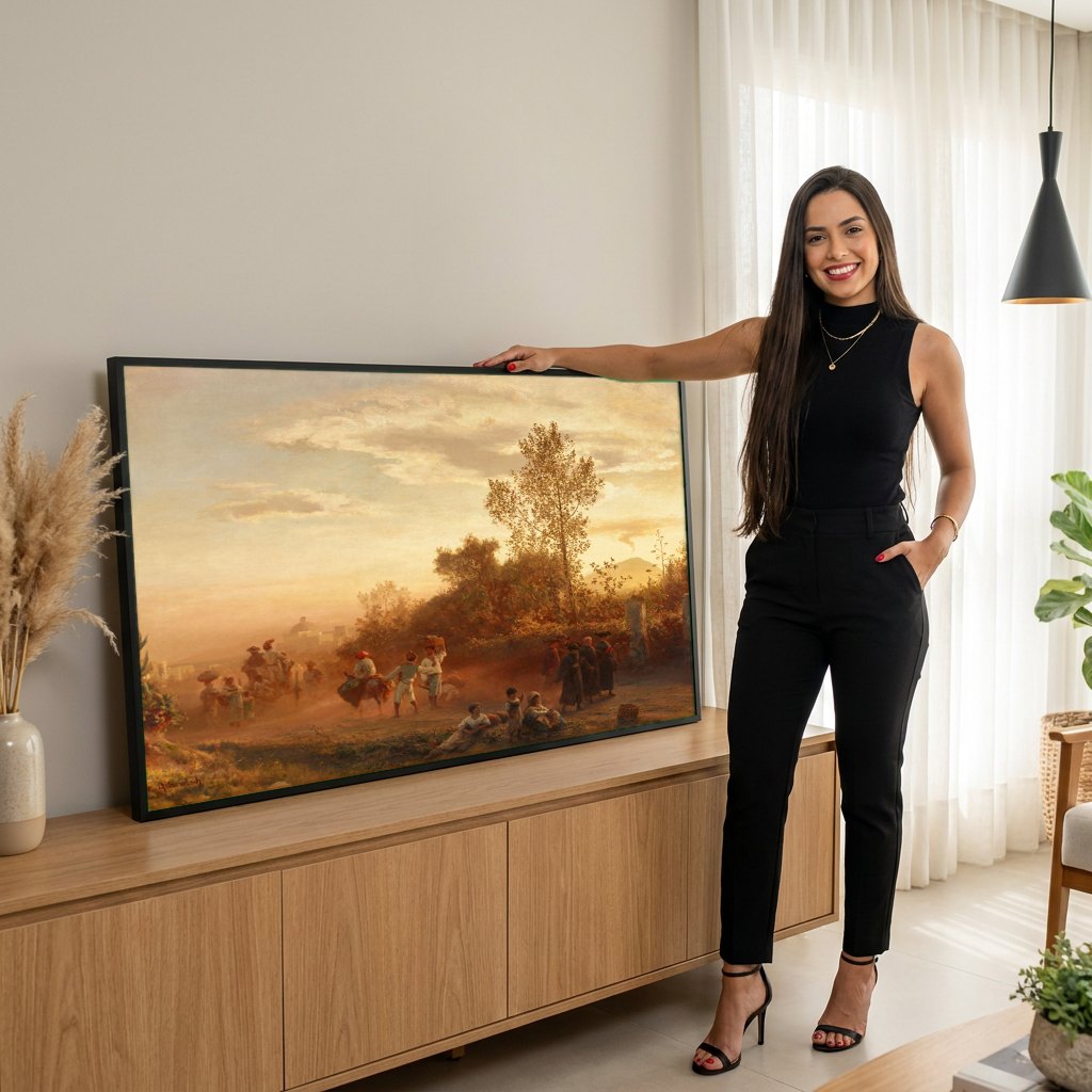 Quadro Decorativo Cena Campestre Italiana - Achenbach | modelo apresentando o quadro emoldurado