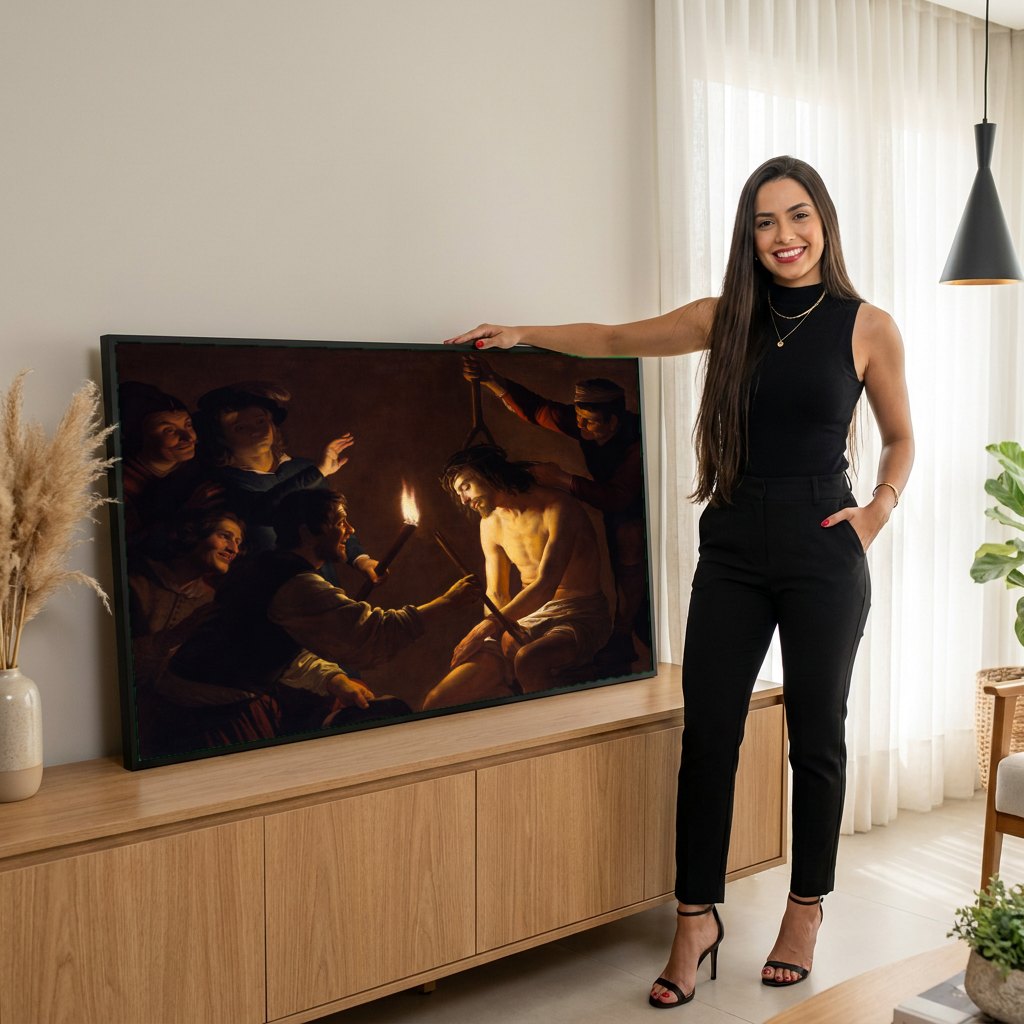 Quadro Decorativo Jesus Coroado de Espinhos - Gerard van Honthorst | modelo apresentando o quadro emoldurado
