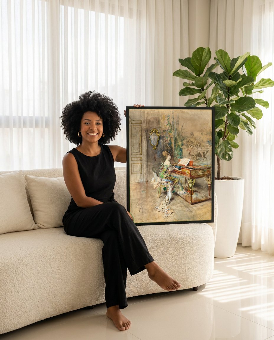Quadro Decorativo Mulher ao Piano - Giovanni Boldini | modelo apresentando o quadro emoldurado