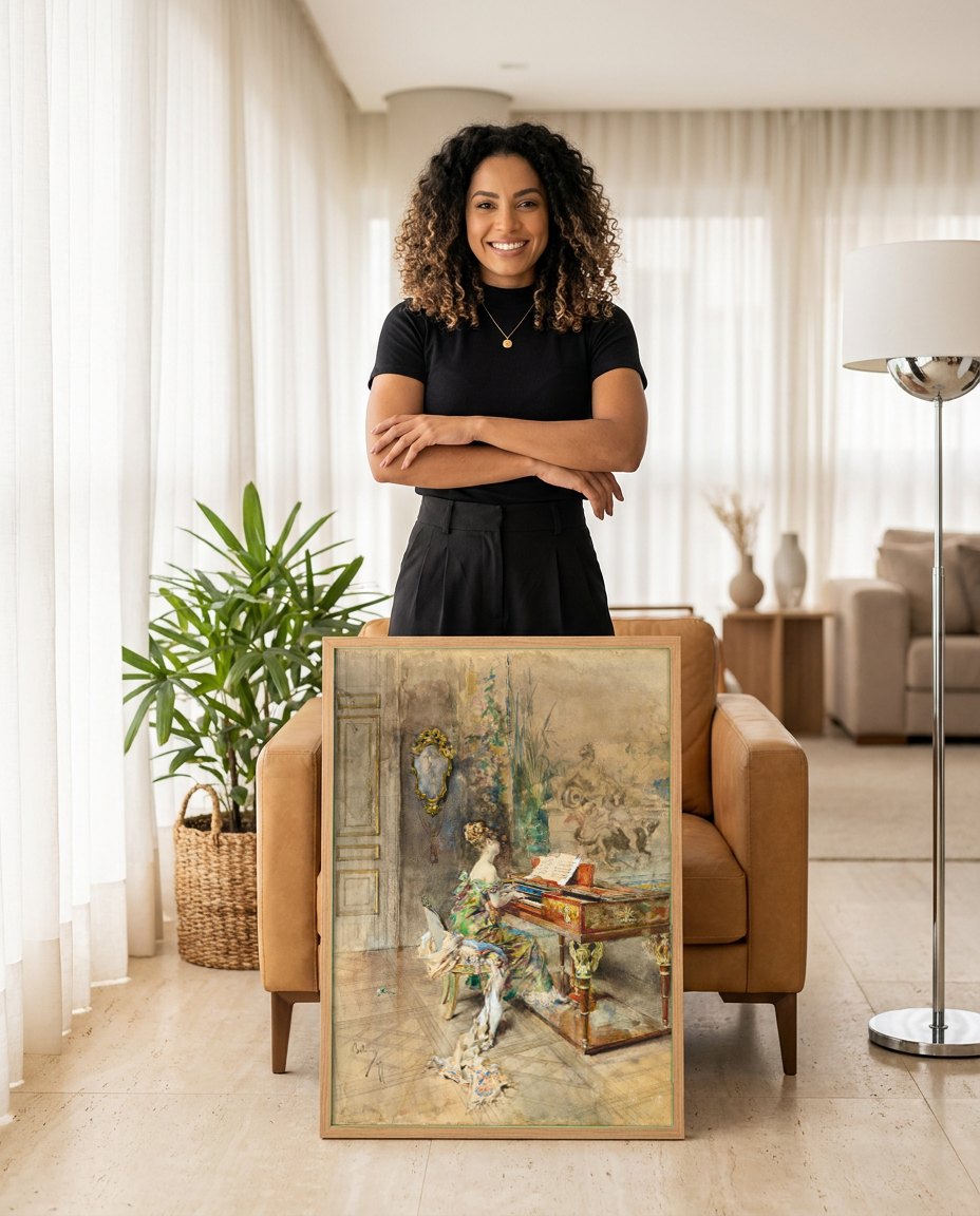 Quadro Decorativo Mulher ao Piano - Giovanni Boldini | modelo apresentando o quadro emoldurado