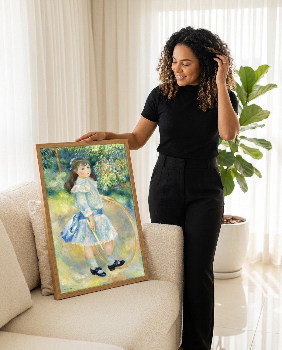 Quadro Decorativo A Menina com o Aro - Renoir | modelo apresentando o quadro emoldurado